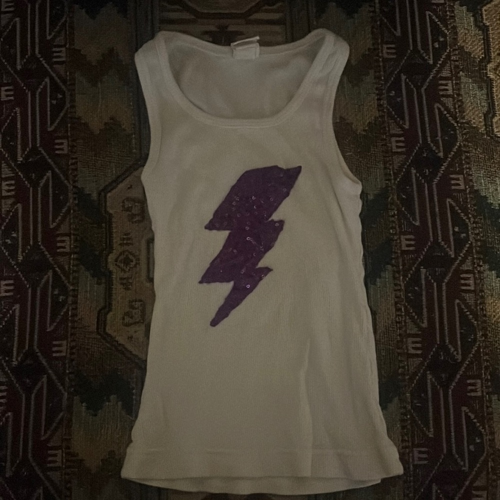 Little girls size 3-4 white tank top with sparkly purple lightning strike